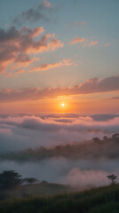 meadow and mountaintop glowing with orange sunset and fog scenic peaceful outdoor landscape photography dramatic nature golden hour light landscape photography wallpaper background