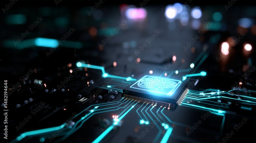 Poster innovative microprocessor technology demonstrating advanced circuitry in a digital environment with 