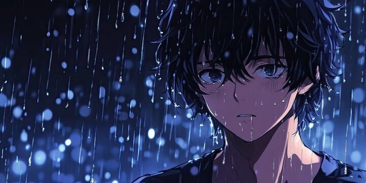 anime-style image depicts a young man with dark, wet hair, looking thoughtfully as rain falls around him, suitable for blogs or websites about contemplation, sadness, or introspection.