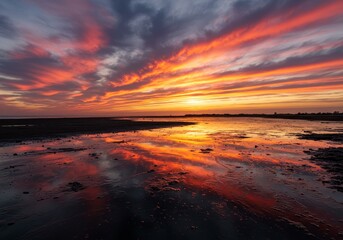 Vivid Sunset Reflection Photo Over a Calm Beach