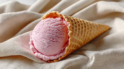 Pink ice cream cone on a soft fabric background
