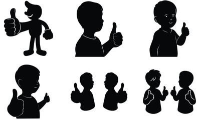 Boy Giving Thumbs Up Silhouette – Vector Illustration of Happy Child Showing Approval Gesture for Motivation, Emotion, Communication, and Positive Expression Design Projects