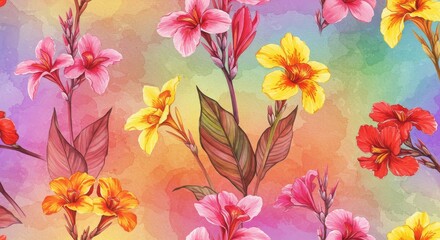 Watercolor Canna Flower Seamless Pattern Background