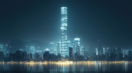 Obraz premium Modern glass business tower, 100 floors, illuminated at night with soft white lights, surrounded by a minimalist dark background 