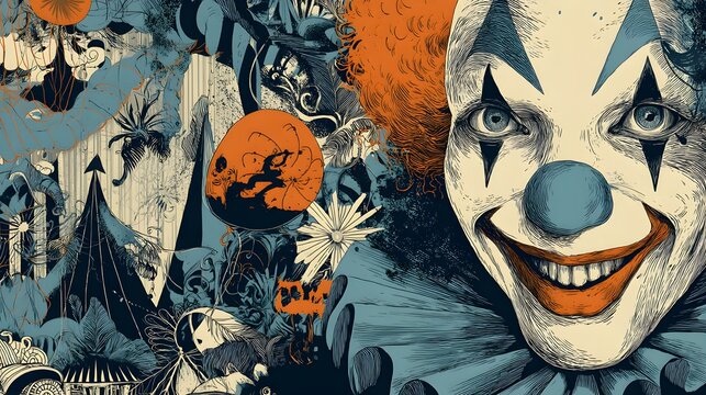 Illustration of a disturbing clown character with large grin surrounded by dark circus elements and moody shadows. Scary carnival concept