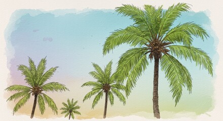 Watercolor Illustration of Palm Trees at Sunset