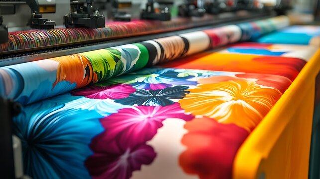 sublimation fabric printing process with vibrant colorful fabrics on printing machine. .