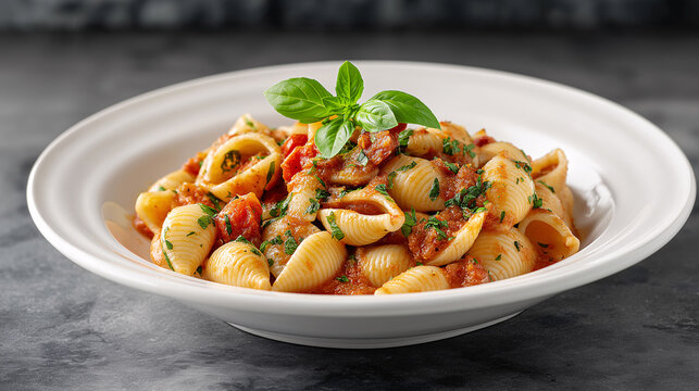 Pasta Paradise: A vibrant bowl of conchiglie pasta, perfectly coated in a rich tomato sauce, adorned with fresh basil, promises a delightful culinary experience.