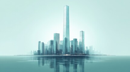 Fototapeta premium Stylish glass skyscraper, 100 floors, modern business residence, reflecting the vibrant city, on a muted teal background