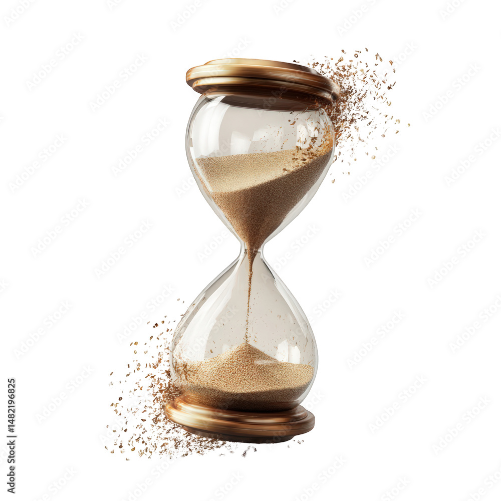 Poster stunning 3d render of an hourglass with sand exploding art time gold dust on transparent background
