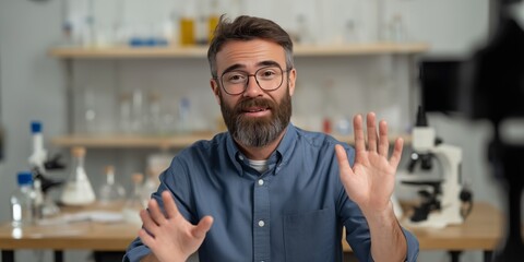 Teacher leading virtual science experiment for interactive online learning