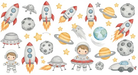 Watercolor Illustration Set of Space Elements