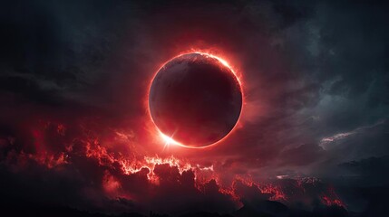 Red moon behind black clouds with mystical fire and burn concept. A stunning eclipse enveloped by ominous red clouds.