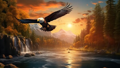 Eagle flying freely above the sky, with a stunning mountain and waterfall backdrop at sunset view