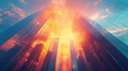 Fototapeta premium Ultra-modern 100-story glass business residence, sharp angles and clean lines, glowing in golden sunset light, on a pastel blue background 