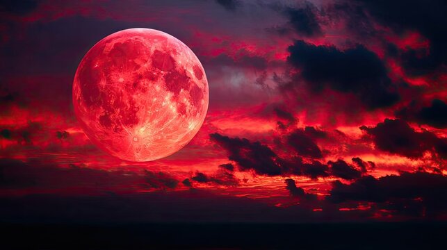 Red moon behind black clouds with fire and mystical smoke concept. A stunning view of a red moon over dramatic clouds at sunset.