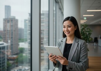 Fototapeta premium Smiling businesswoman holds a tablet while standing near a window with a city view