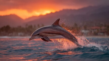 Fototapeta premium dolphin jumping out of the ocean, silhouette against the sunset, joyful moment 