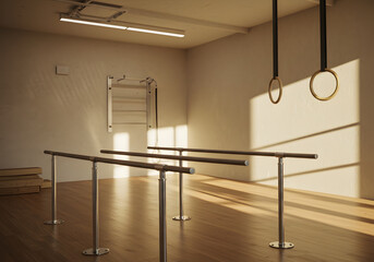 Gymnasium interior with parallel bars and gymnastic rings sports and fitness