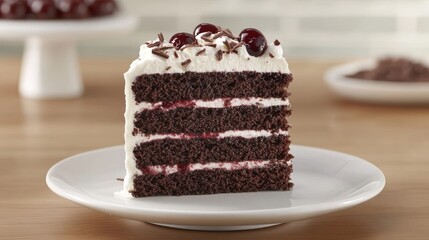 Classic Black Forest Cake Slice Layered Chocolate Sponge, Cream, Cherries. Isolated on White Plate