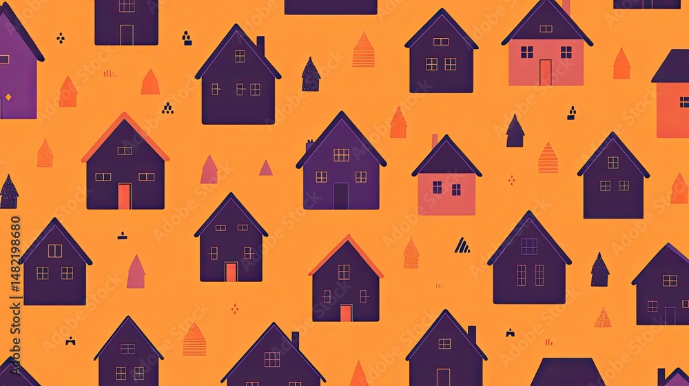 Poster a pattern of violet and orange houses in different sizes on an orange background.