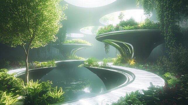 A sci-fi eco-factory where conveyor belts transport sustainable robotic materials  