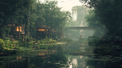 Fototapeta premium A post-cyberpunk world where AI restores balance between technology and nature 