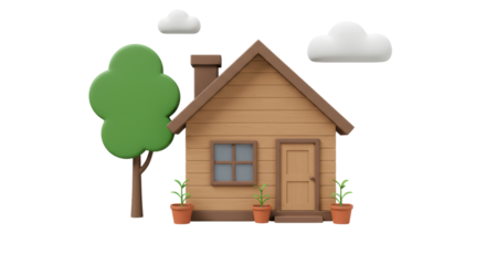 Isolated Cartoon House Tree Clouds