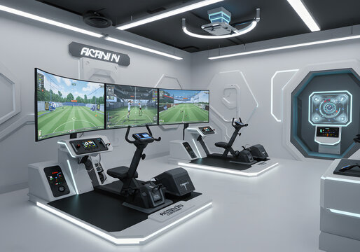 High tech fitness studio with exercise equipment and digital displays