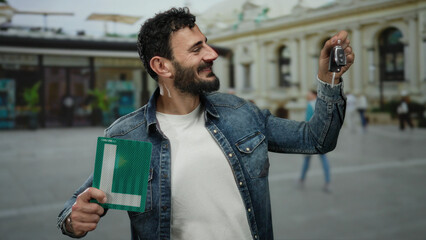 Hispanic man with beard holding car keys and learner sign outdoors on street, showcasing achievement in driving skills.