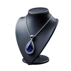3d render of elegant blue and silver necklace, teardrop sapphire pendant, jewelry display bust with stand, black leather mannequin stand isolated on transparent background