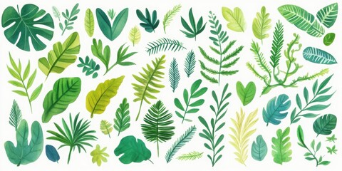tropical leaves clipart set, watercolor palm and fern vector illustration on white background