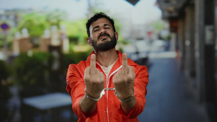 Hispanic man with beard in orange prison jumpsuit and handcuffs stands defiantly on an urban...