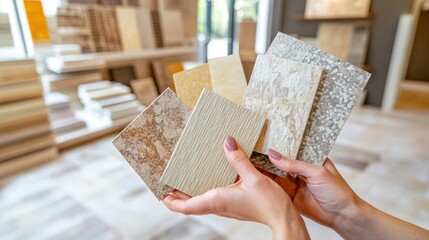 Interior designer holding ceramic tiles samples choosing materials for bathroom renovation project