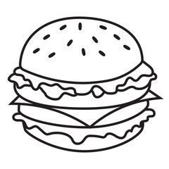 A line drawing of a double-decker hamburger, complete with buns, patties, cheese, lettuce, and other toppings, symbolizing fast food, burgers, and casual dining.