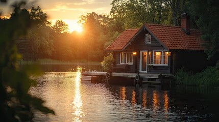 Obraz premium A picturesque riverside house with a lamp and a warm atmosphere at sunset.