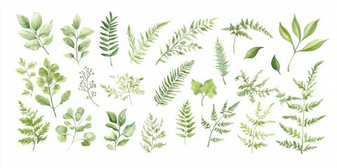 tropical leaves clipart set, watercolor palm and fern vector illustration on white background