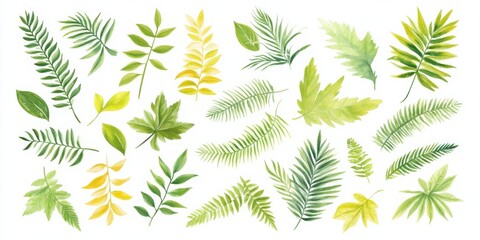 tropical leaves clipart set, watercolor palm and fern vector illustration on white background