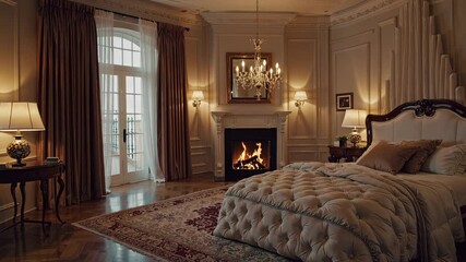 Classic luxury bedroom with fireplace, chandelier and elegant furniture, warm cinematic animation symbolizing comfort, interior richness and timeless home sophistication