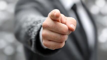 Hand in business suit pointing directly at the viewer blurred background.