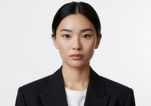 Young asian woman in a black jacket poses for a professional portrait on white