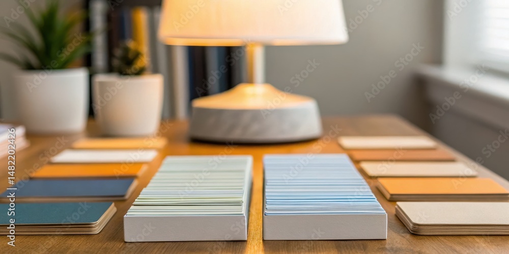 Poster a workspace featuring a lamp and neatly arranged color swatches on a wooden table, creating an invit