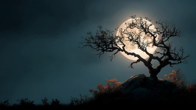 Halloween backdrop with a spooky dead tree silhouette at night under a full moon