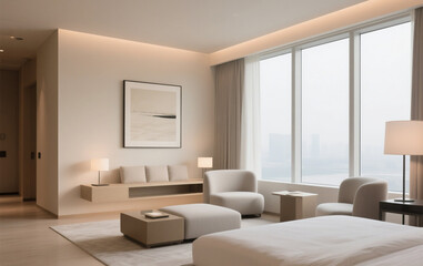 Fototapeta premium Modern hotel interior with large windows, and soft lighting.