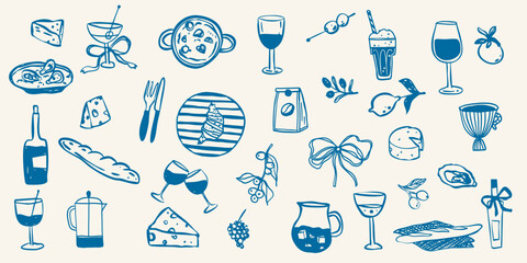 Italian food sketch doodle menu collection dolce vita picnic breakfast collection in simple whimsical style hand drawn. 