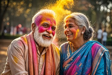 elderly couple joyfully celebrating holi the hindu festival of colors pareja de ancianos celebrando alegremente holi la fiesta hindú de los colores