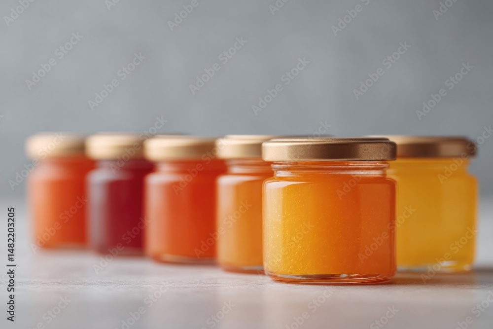 Poster various jars of homemade preserves neatly lined up on white shelf with clean minimalistic background
