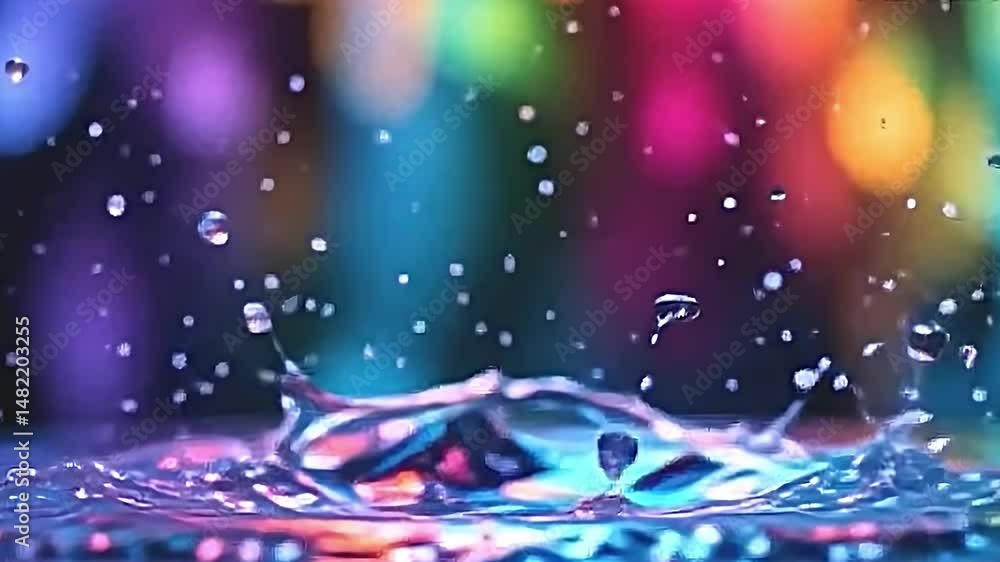 Poster vibrant dynamic scene of water splash captured mid-air array of colors reflecting off water droplets