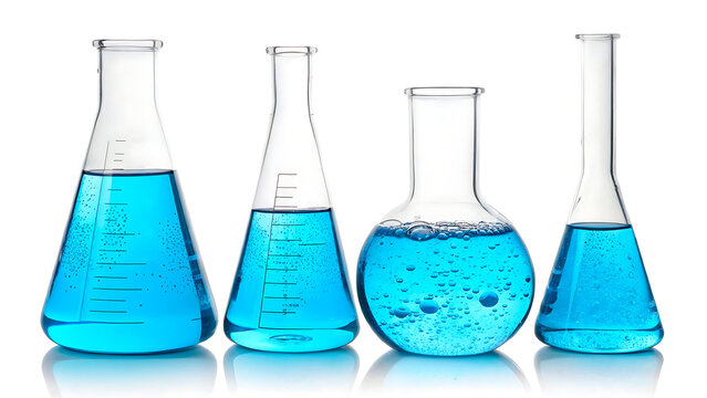 Glass laboratory flasks filled with bright blue liquid for scientific experimentation isolated on white background