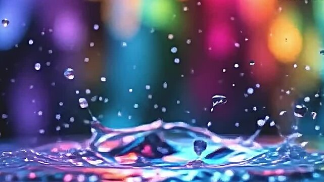 vibrant dynamic scene of water splash captured mid-air array of colors reflecting off water droplets. splash creates intricate captivating pattern droplets extending outward various...